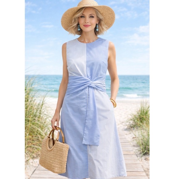 MISOOK Colorblock Striped Twist Front Sleeveless Midi Dress Resortwear Size L - Picture 10 of 10